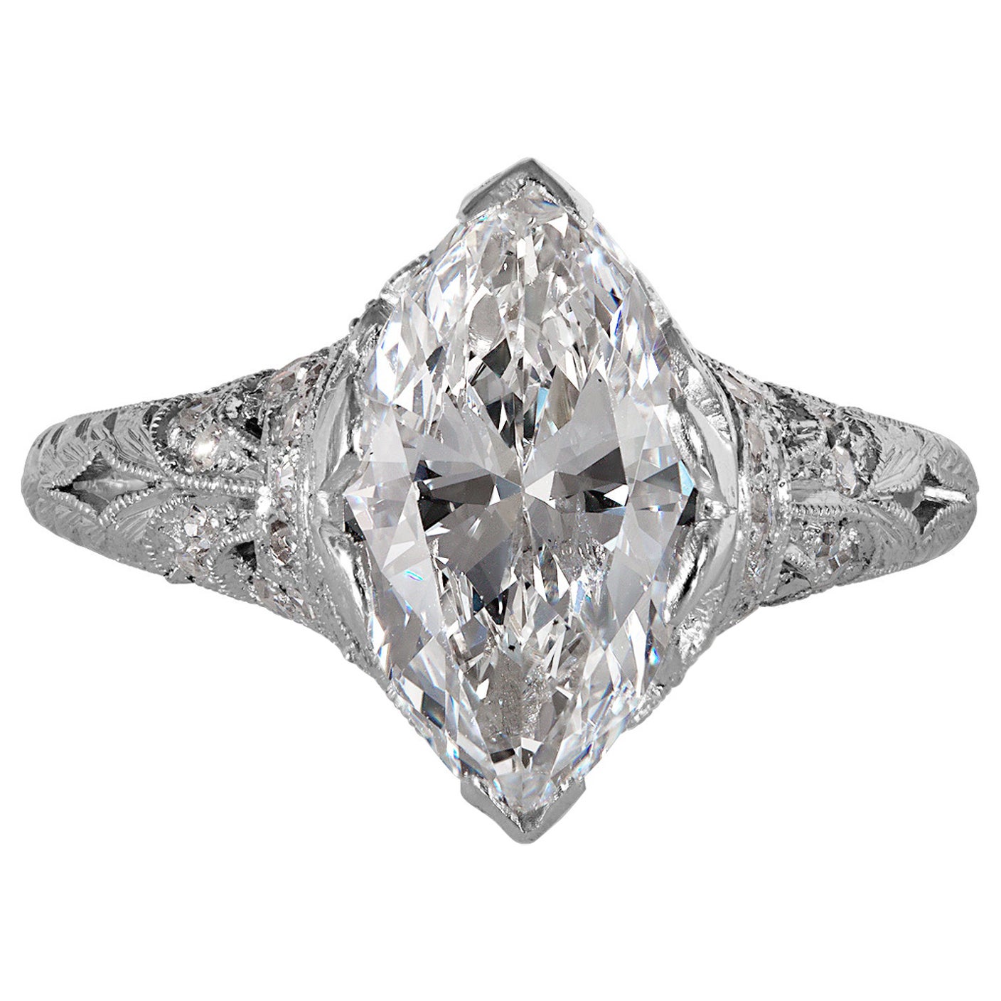 GIA Colorless 2.40ct Antique Marquise Diamond Edwardian Engagement Platinum Ring