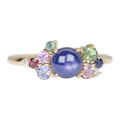 1.7ct Natural Blue Purple Star Sapphire Cluster 14K Yellow Gold Engagement Ring