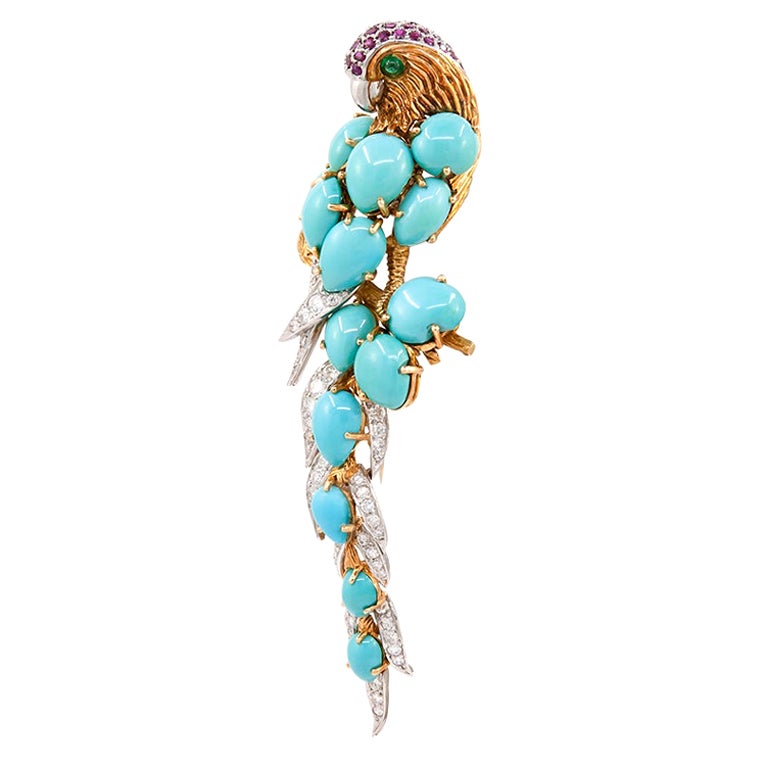 Cartier Broche oiseau turquoise, diamant et émeraude en vente