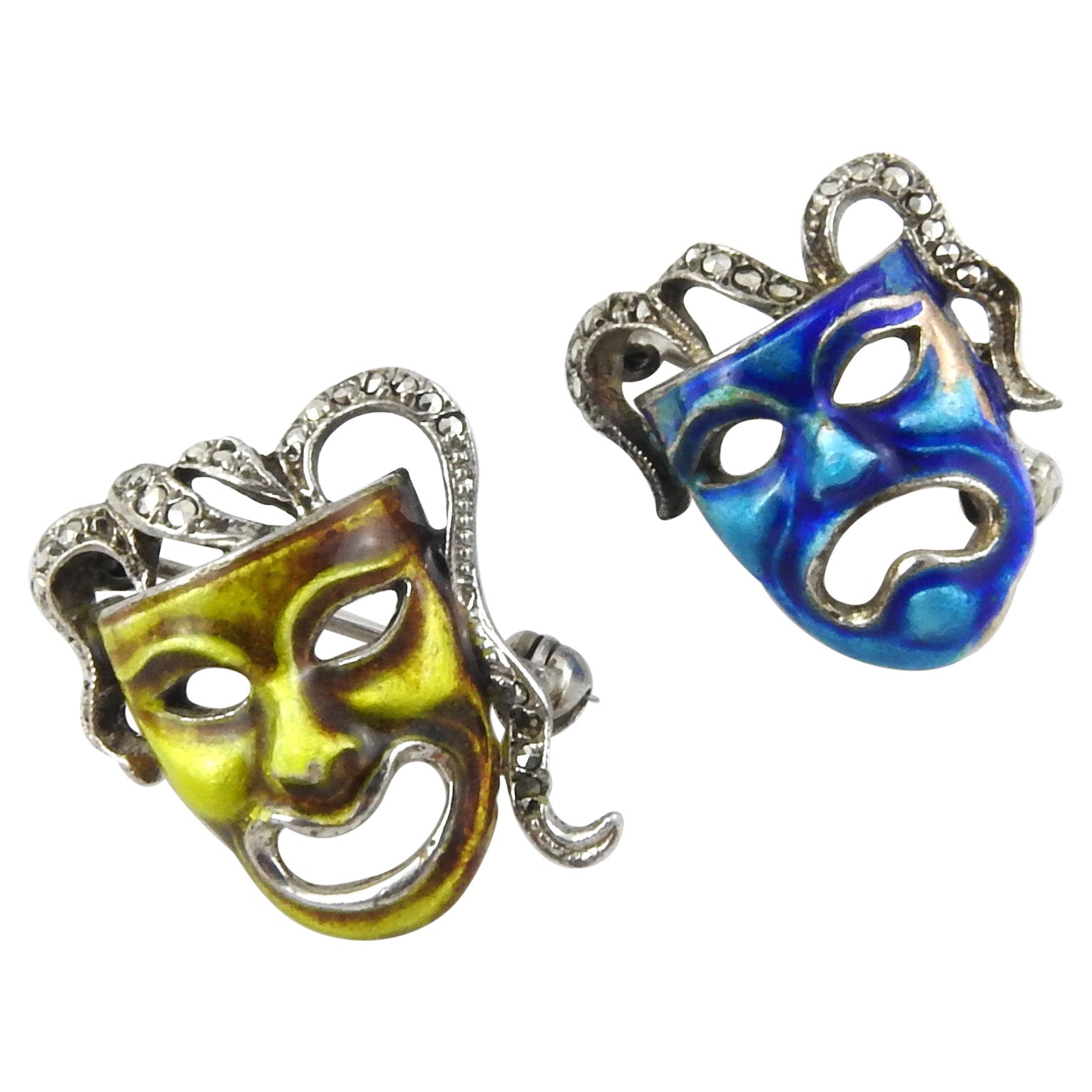 Sterling Silver Blue and Green Enamel Marcasite Comedy/Tragedy Mask Pins