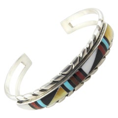 Native American RLK Sterling Silver Coral, MOP, Onyx & Turquoise Cuff Bracelet