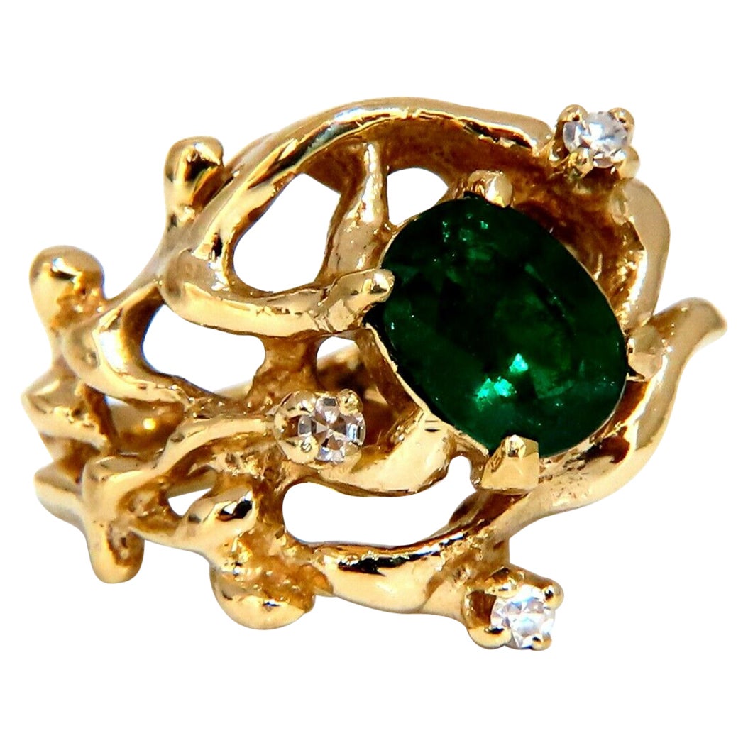 1.42ct Natural Vivid Green Emerald Diamonds Nugget Vine Ring 14kt For Sale