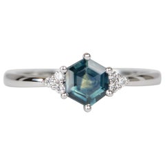 Hexagon-Shaped Montana Sapphire with Diamond Sides 14K Gold Engagement Ring