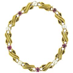 Splendid Antique Fine Pearl Ruby Gold Row Bracelet 5