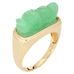 Carved Jade Dragon Ring Vintage 14k Yellow Gold Estate Fine Jewelry