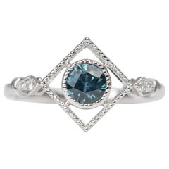 Round Montana Sapphire with Kite-Shape Gold Frame 14K White Gold Engagement Ring