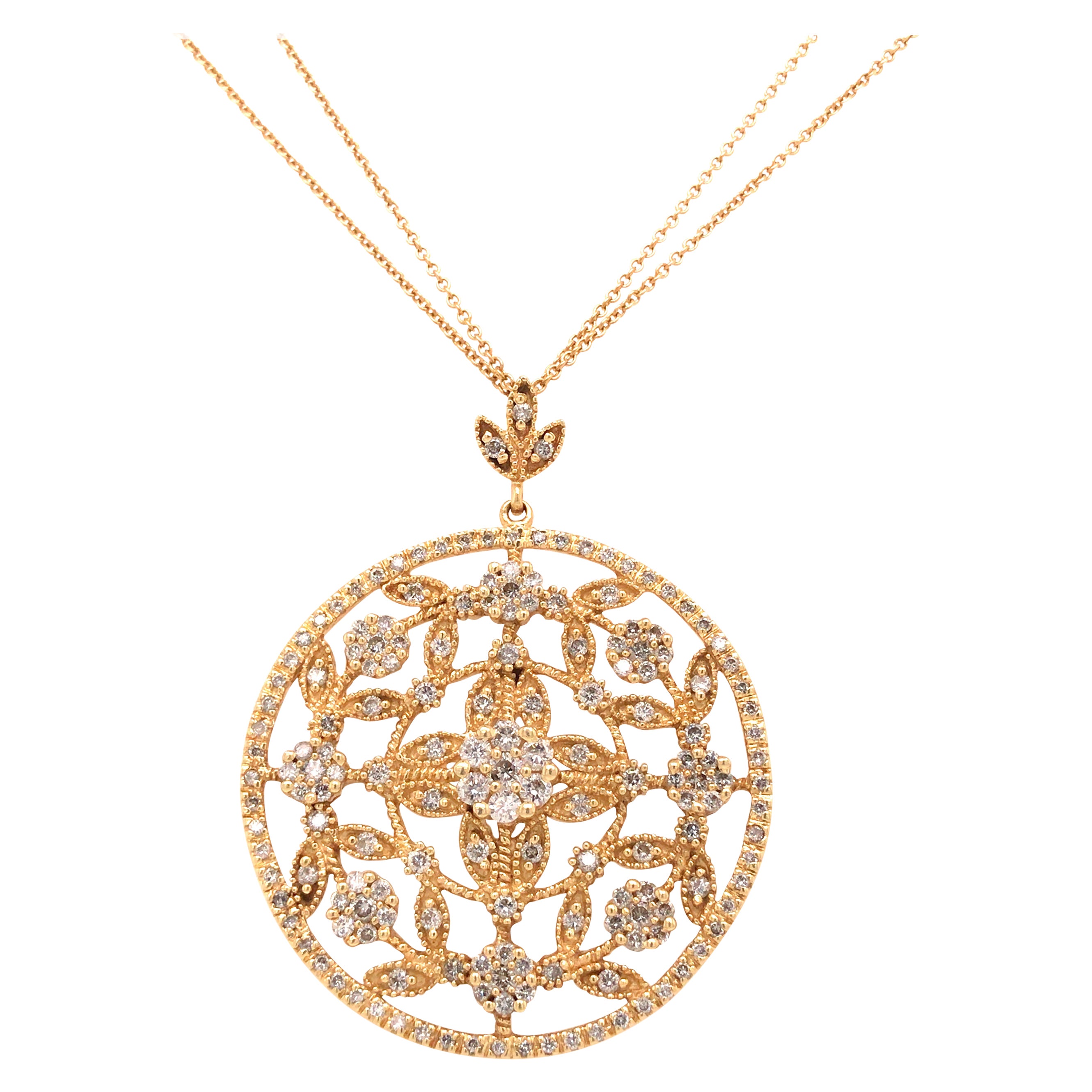 14K Diamond Flower Medallion Double Strand Chain Yellow Gold For Sale ...