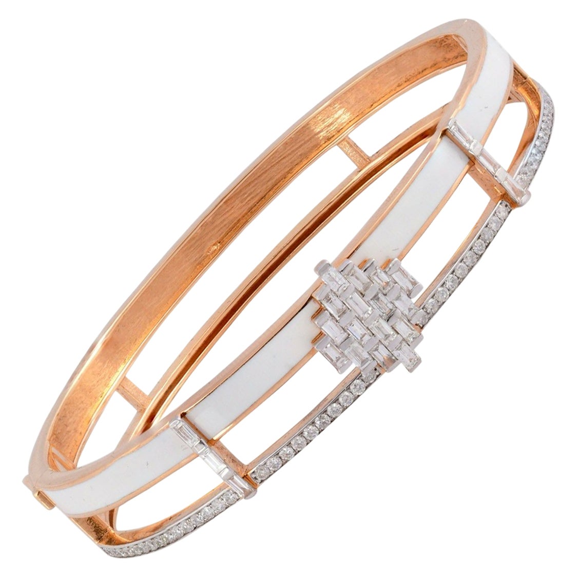White Enamel 14 Karat Rose Gold Art Deco Style Diamond Bangle Bracelet For Sale