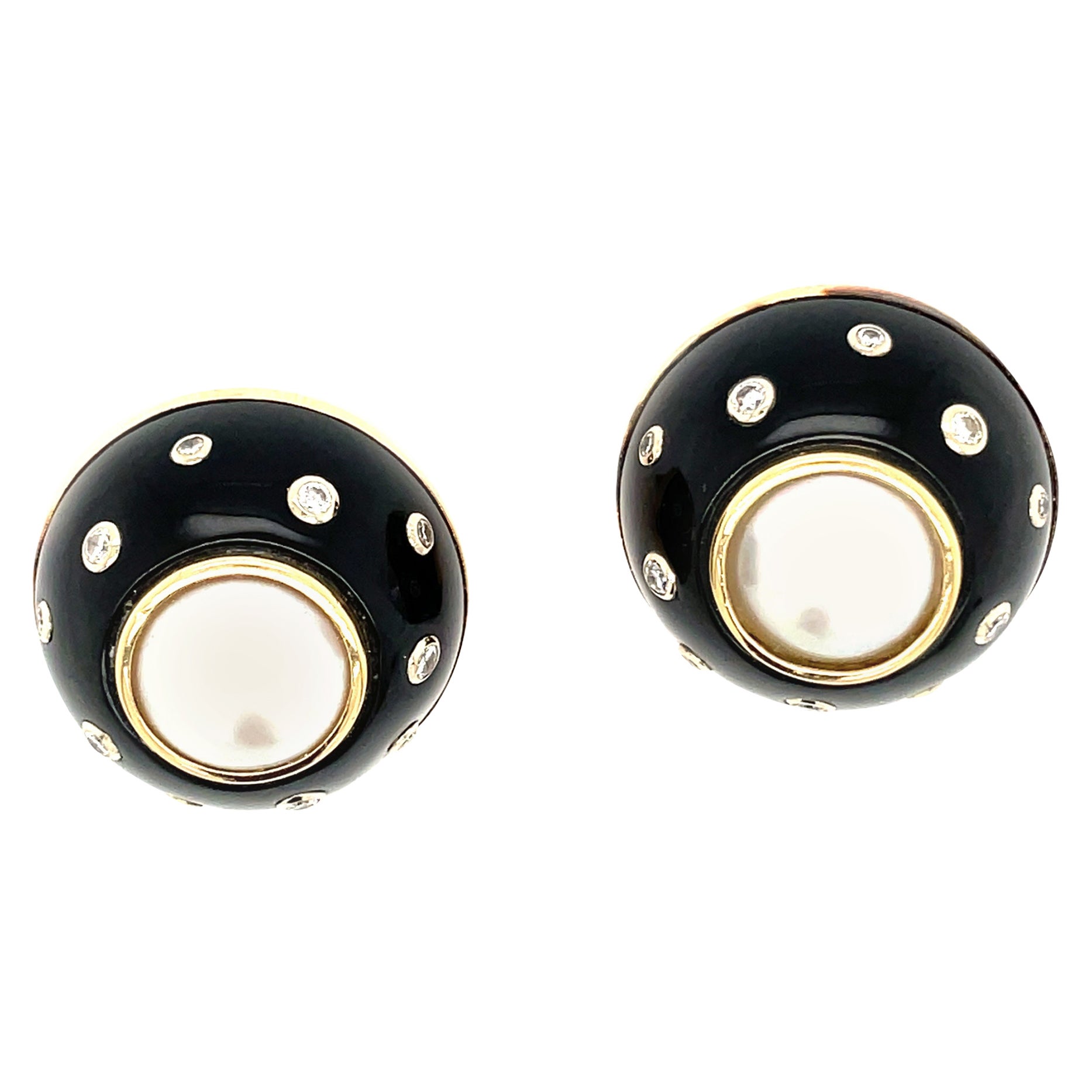 Trianon Pearl Diamond Black Enamel Clip on Earrings For Sale