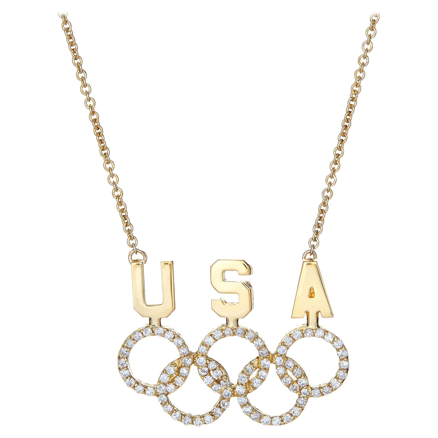 Collier de bagues olympiques américaines vintage en or 18 carats avec diamants et plaque de nom patriotique fine en vente