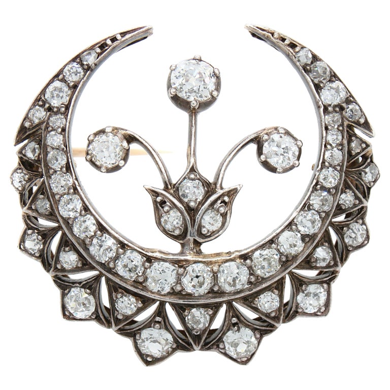 Diamond Crescent and Flower Brooch, Victorian, ca. 1880s For Sale