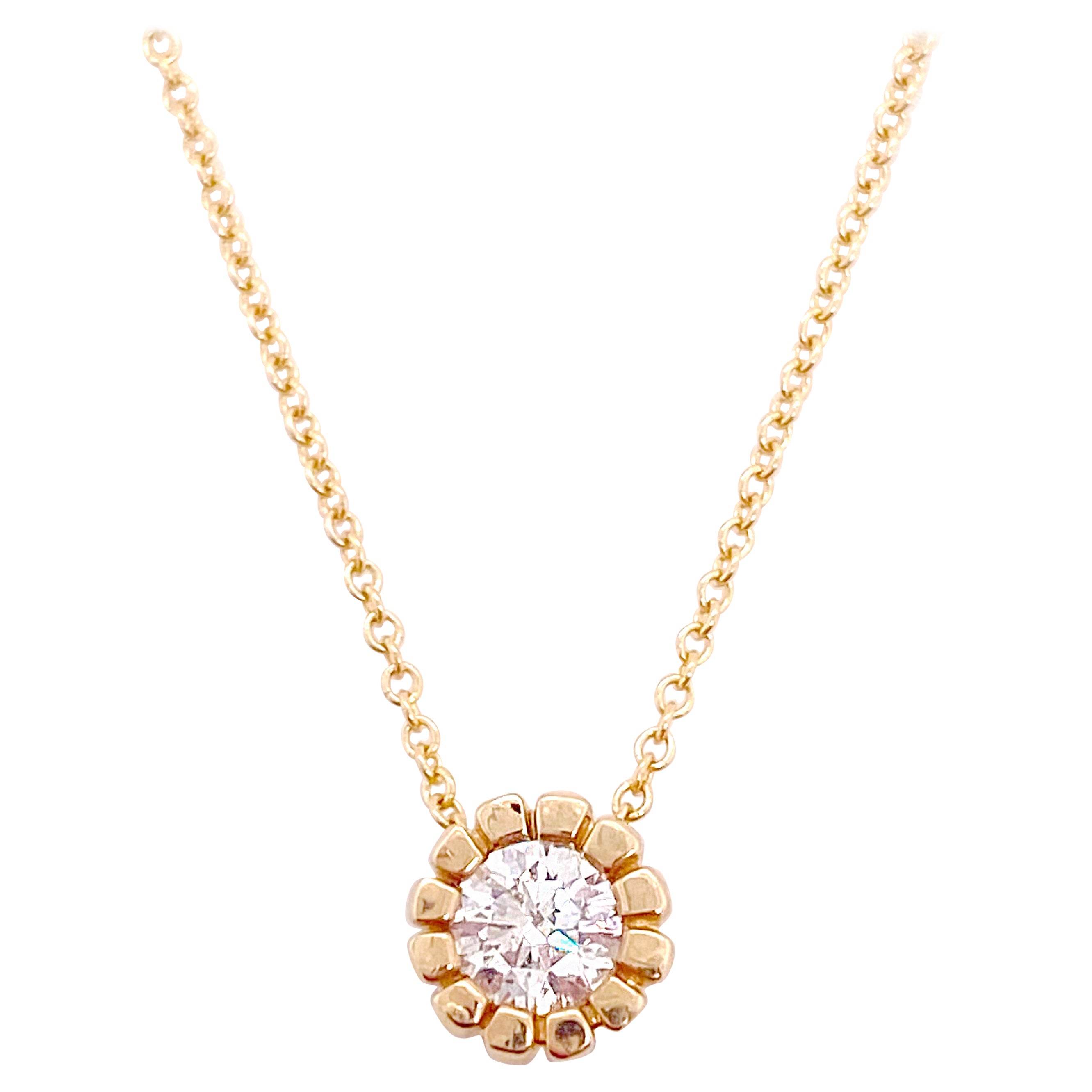 Diamond Solitaire Necklace, Yellow Gold, Round Brilliant Diamond Pendant Star For Sale
