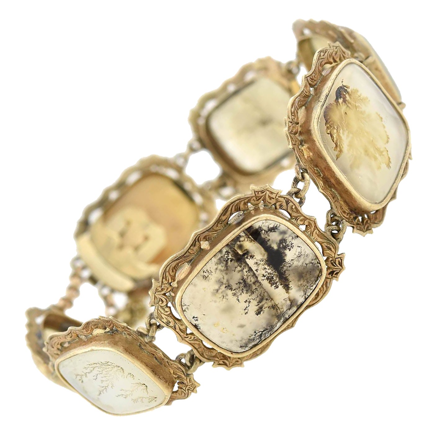 Victorian 14kt and Dendritic Moss Agate Link Bracelet For Sale