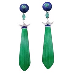 Art Deco Style Lapis Lazuli Jade Gold Diamond Emerald Blue Enamel Drop Earrings