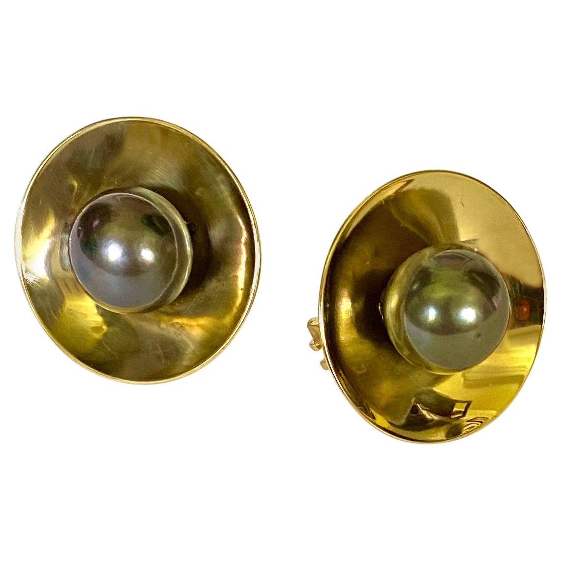 Michael Kneebone Gray Tahitian Pearl 18k Yellow Gold Button Earrings
