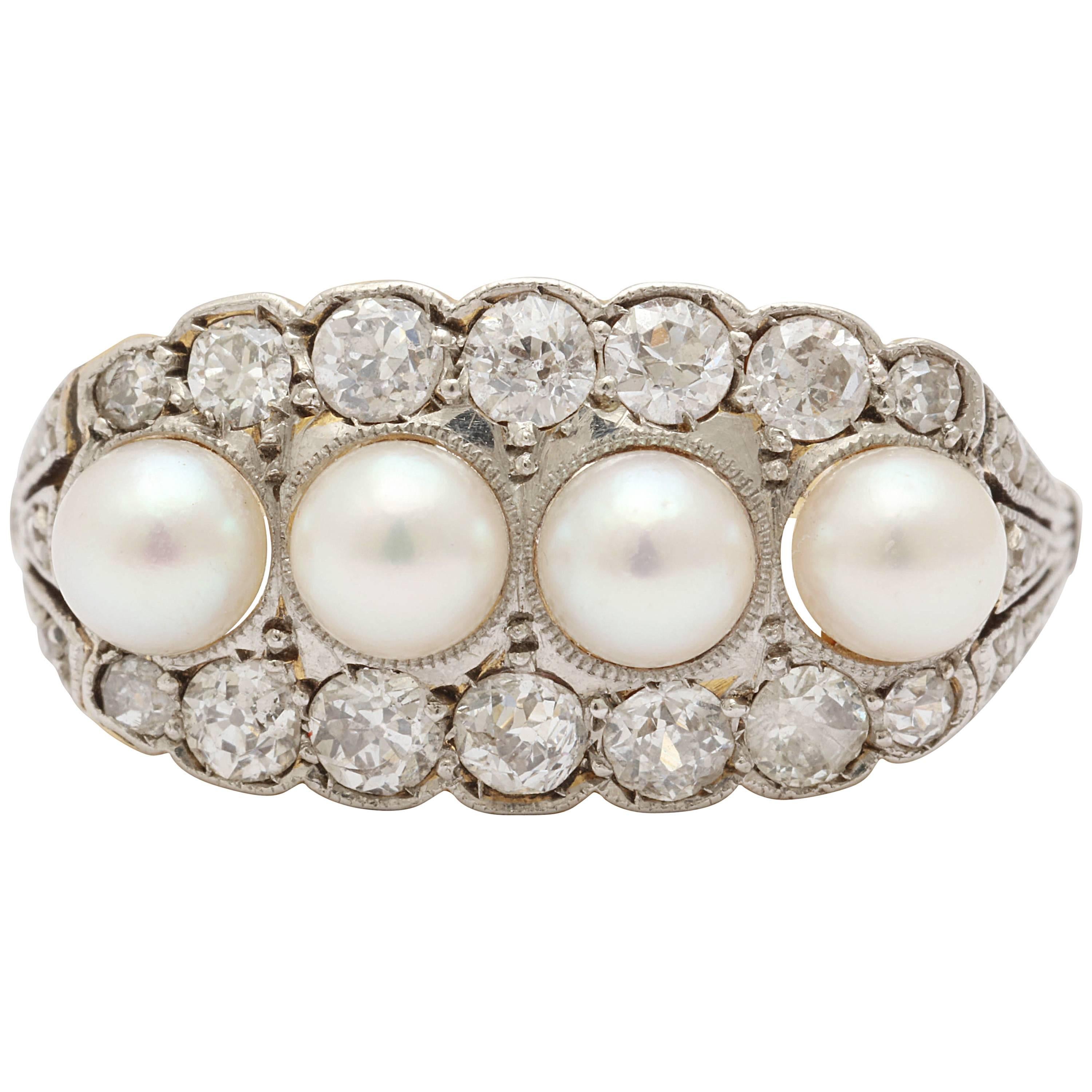 Edwardianischer Perlen- und Diamantring im Angebot
