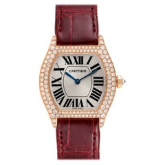 Cartier Tortue 18k Rose Gold Diamond Burgundy Strap Ladies Watch 2645