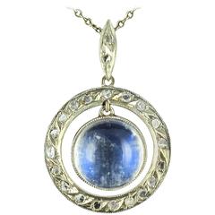 Antique French Art Deco Moonstone Rose Cut Diamond Gold Pendant