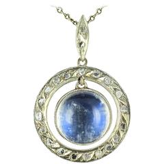 French Art Deco Moonstone Rose Cut Diamond Gold Pendant 