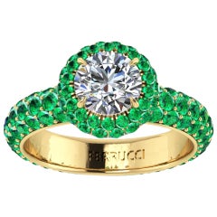 1.06 Ct GIA Certified Round Diamond Round Emerald Halo &Pave Shank 18k Gold Ring