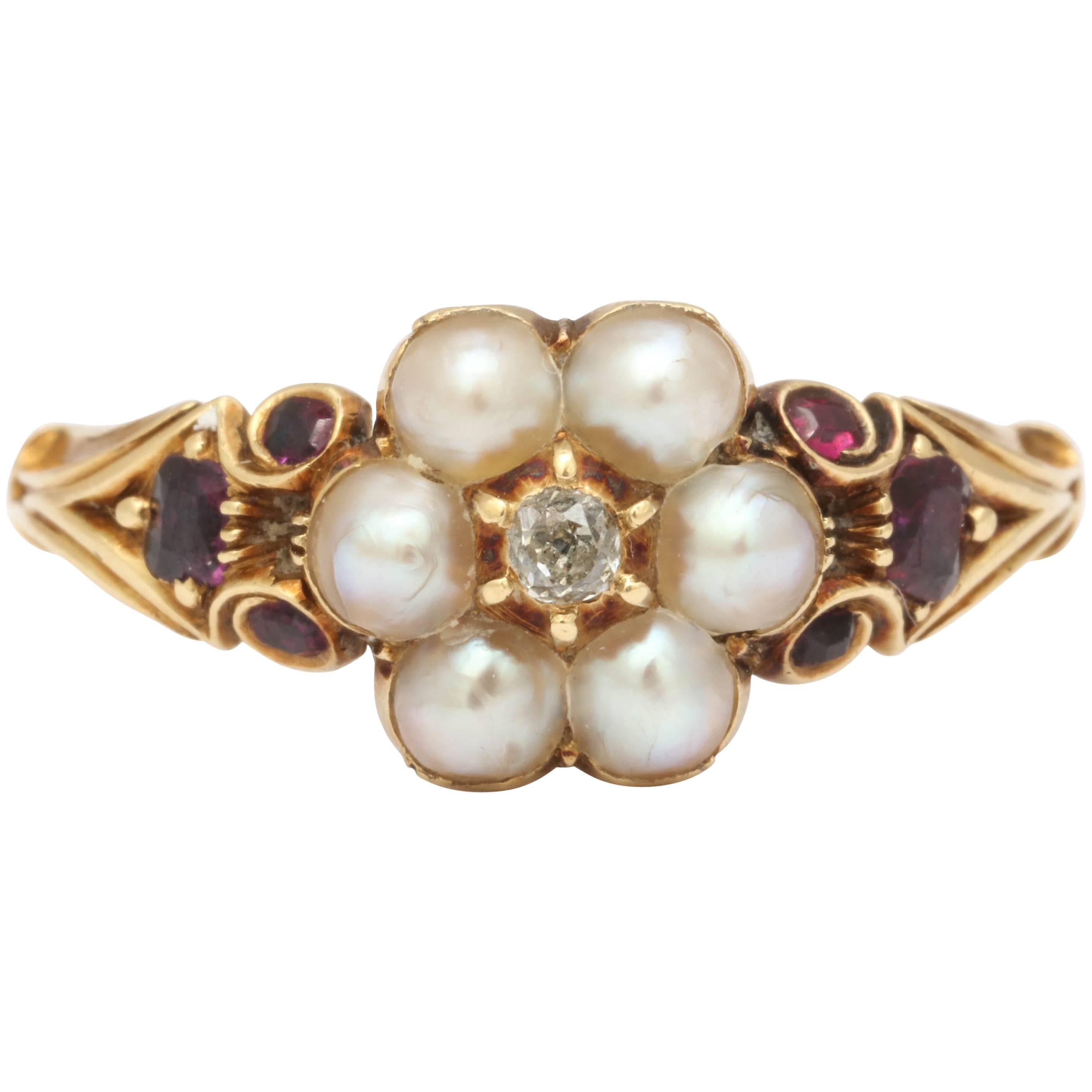 Victorian Natural Pearl Garnet Diamond Gold Scrolled Shank Ring