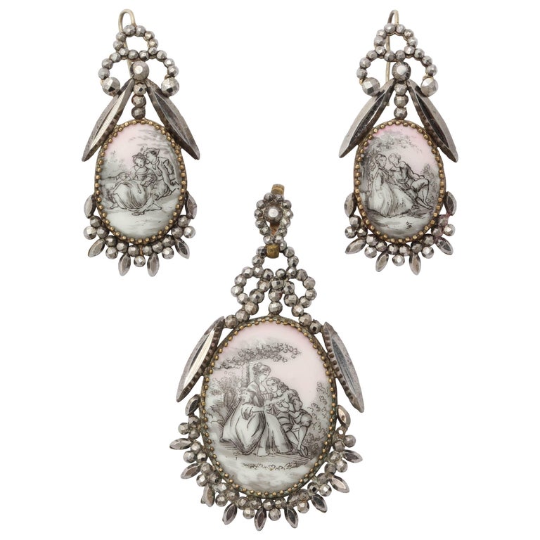 Rare Georgian Romantic Pendant and Earrings in Cut Steel For Sale