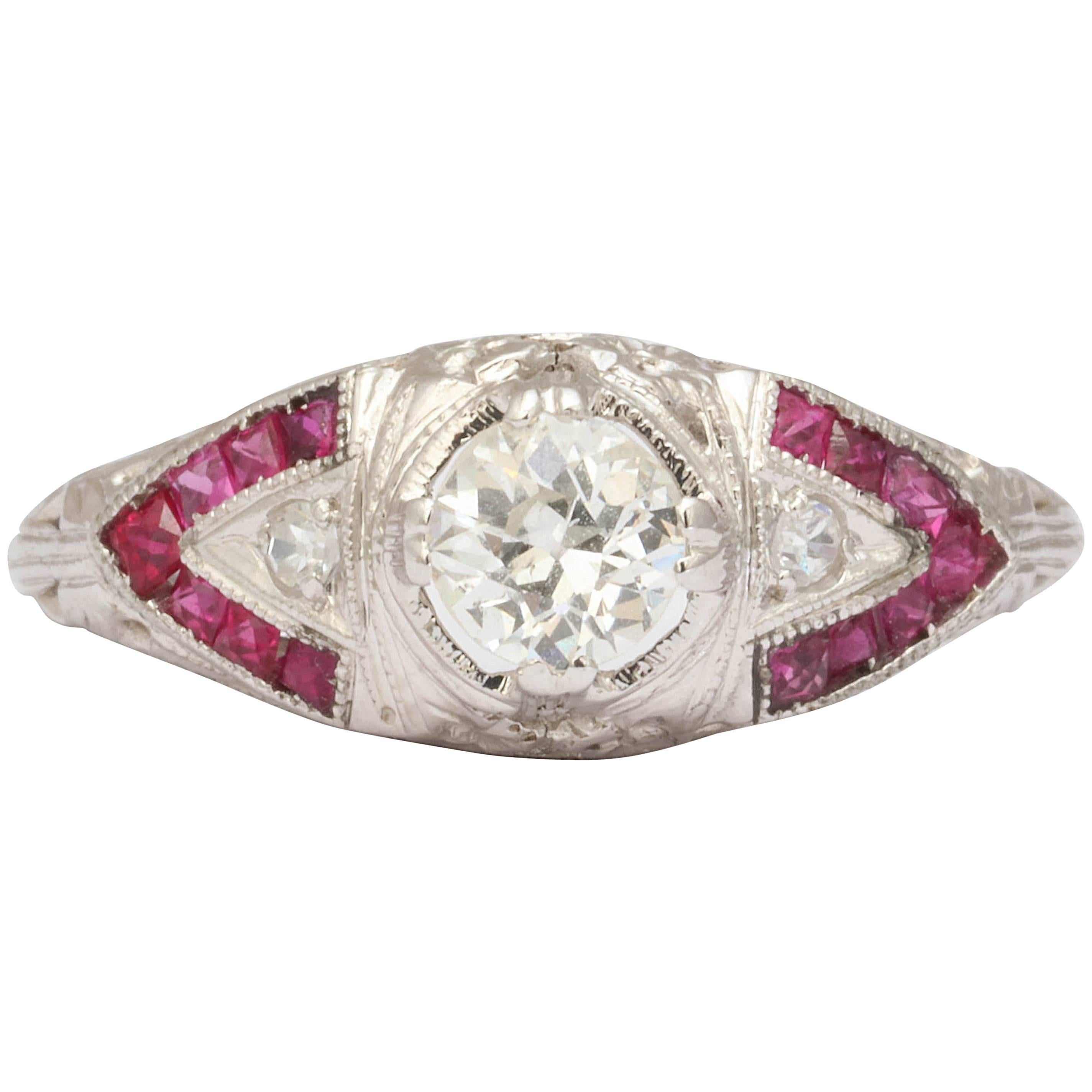 Natural Ruby and Diamond Art Deco Ring