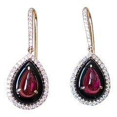 Art Deco Style, Black Onyx Rubellite cabochon Drop Earrings set in 18K Gold