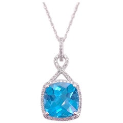 Blue Topaz Diamond Necklace with a Twist, 6 Carat Cushion Blue Topaz Pendant