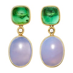Susan Lister Locke Chalcedony and Green Tourmaline Earrings with Diamonds