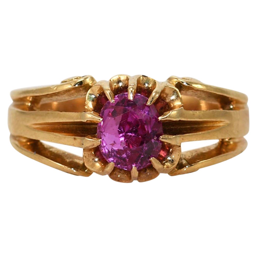 18K Yellow Gold Synthetic Pink Sapphire Vintage Ring, 6.9gr For Sale