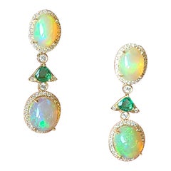 Set in 18K Gold, Natural Ethiopian Opal, Emerald & Diamonds Dangle Earrings