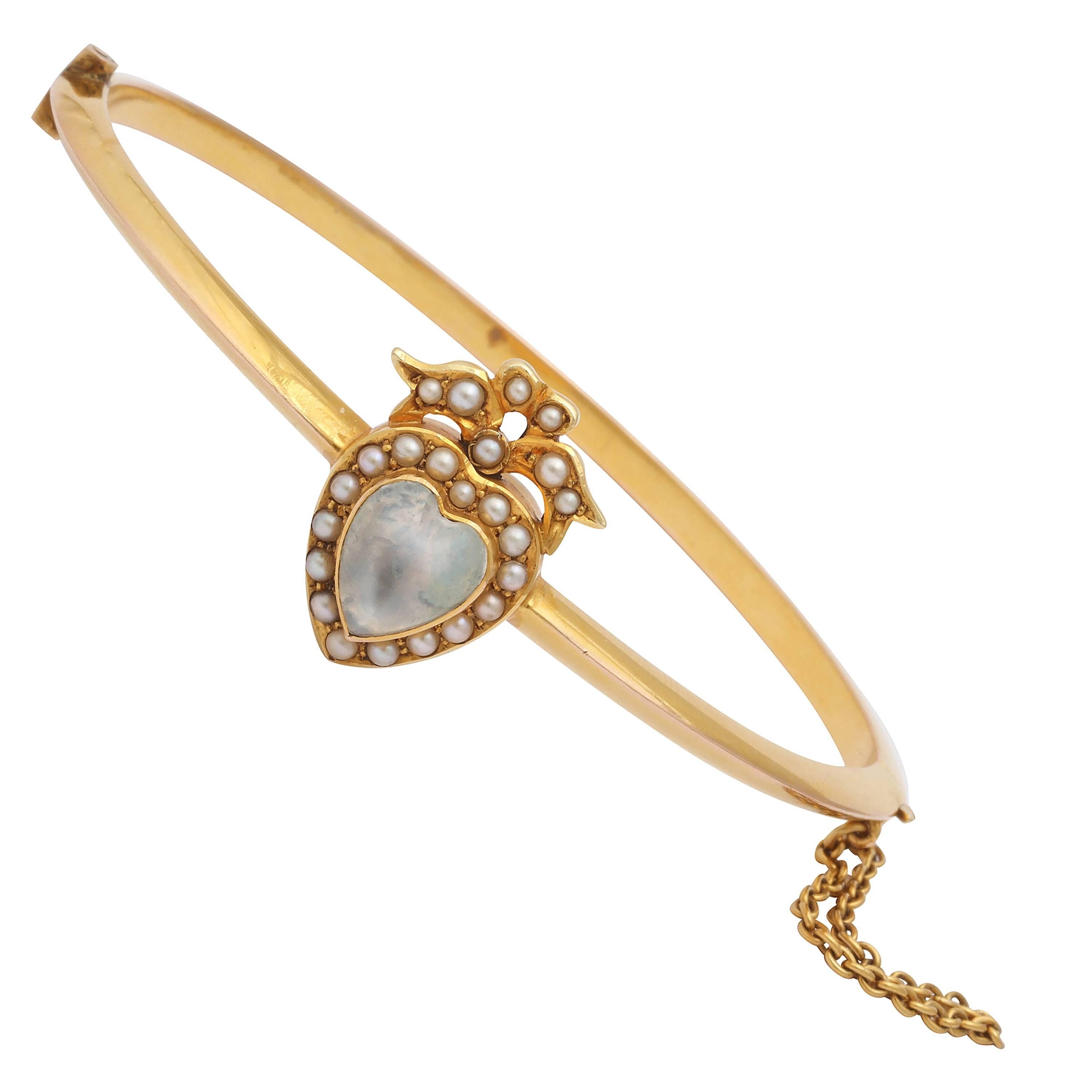 15 kt Moonstone and Pearl Hearts on a Knife Edge Bangle Bracelet c.1880