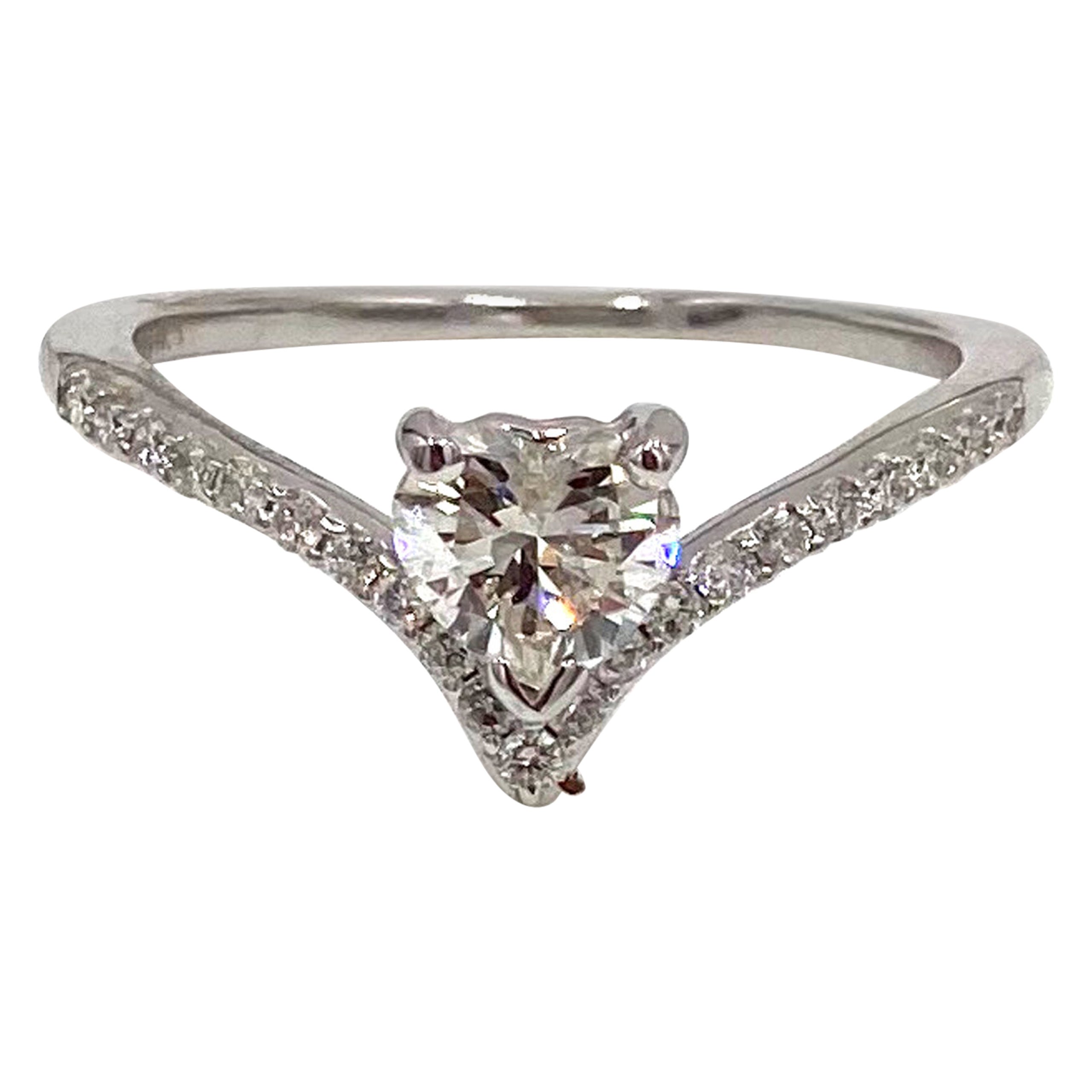 14K White Gold V-Shape Ring with Heart Shaped Diamond