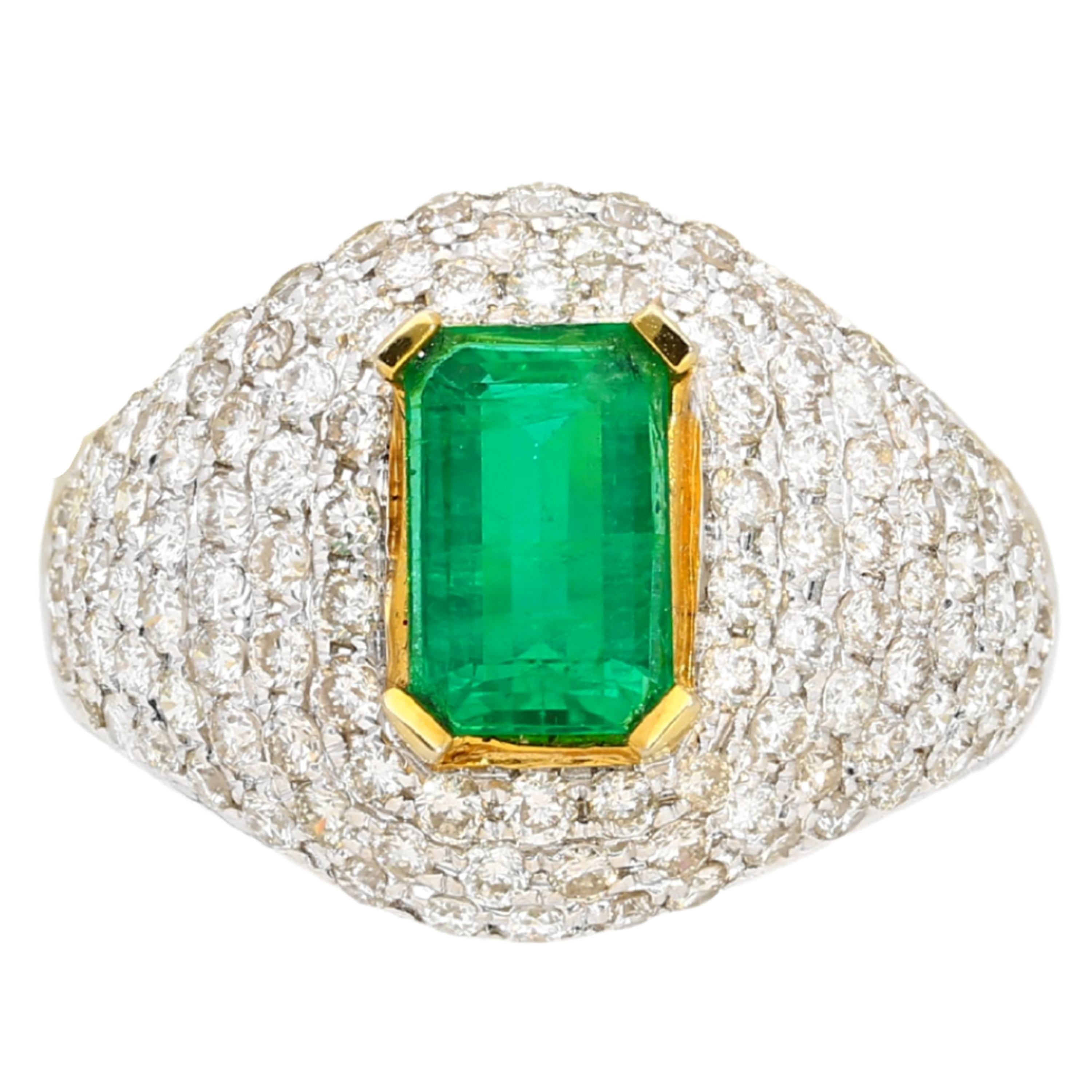 1.25 Carat Emerald Cut Emerald and White Diamond Cluster Ring in 18k White Gold