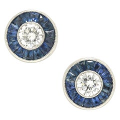 Art Deco Style Diamond Sapphire Stud Earrings Target Design Platinum Halo