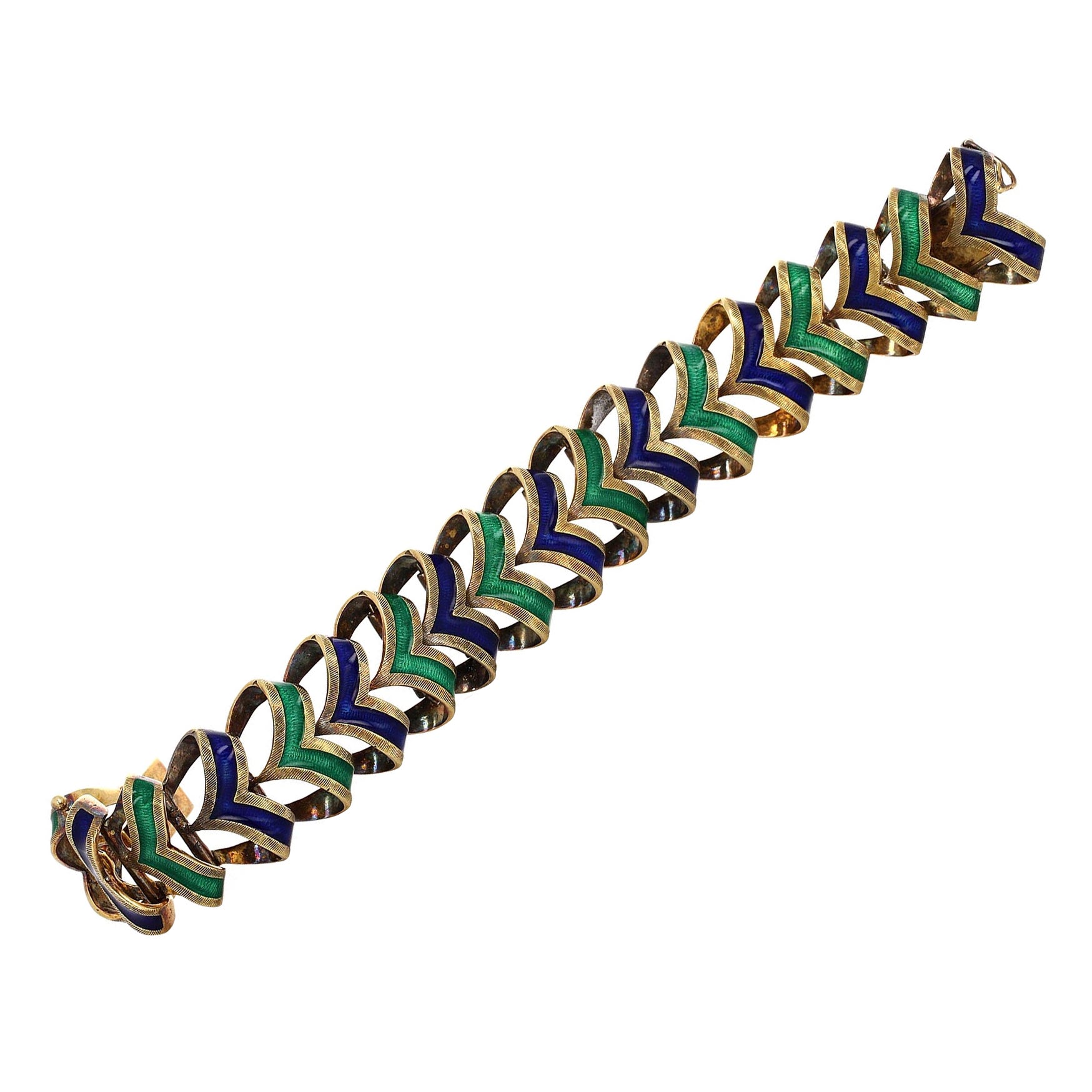 Vintage Two Tone Blue and Green Enamel Yellow Gold Bracelet For Sale