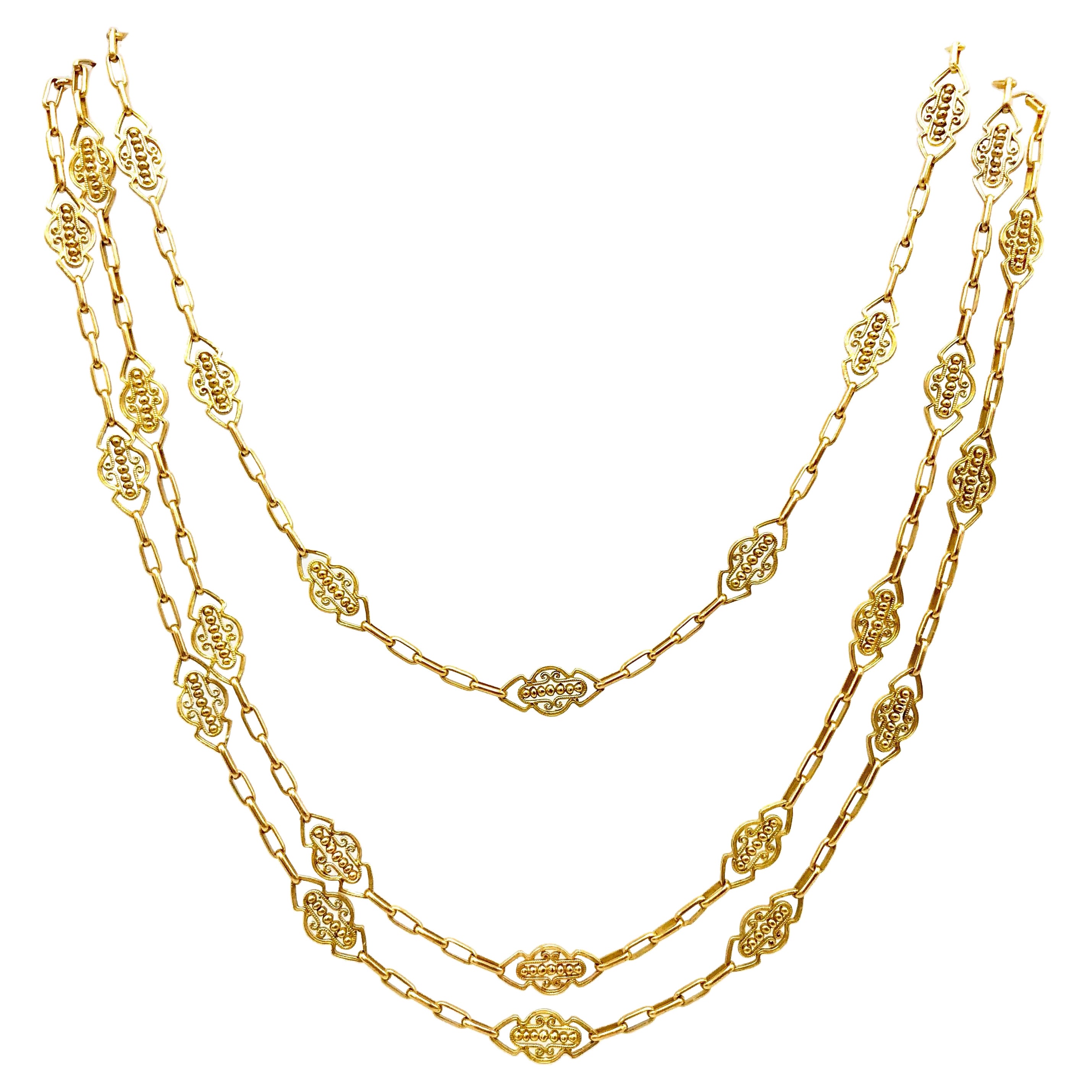 French Antique Yellow Gold Filigree Watch Chain Necklace