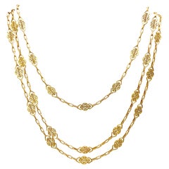 French Vintage Yellow Gold Filigree Watch Chain Necklace