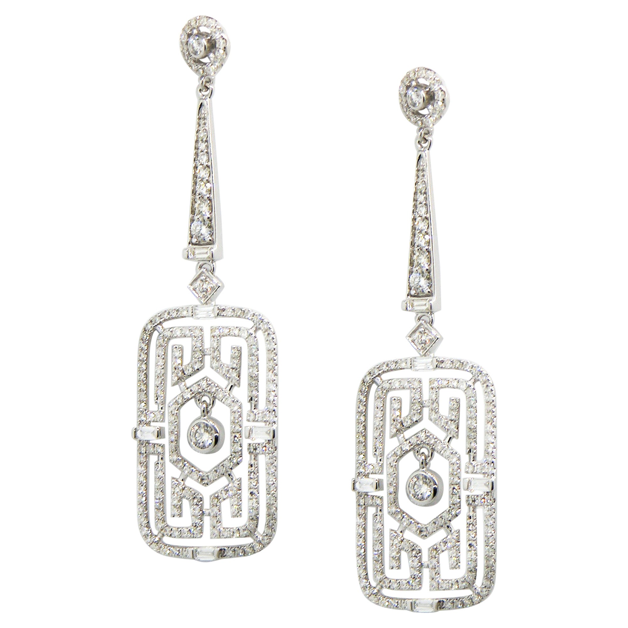 Pair of 14k white gold art deco style earrings with baguette diamonds totaling 0.23 carats and round diamonds totaling 1.57 carats. G/H color, VS2/SI1 clarity.