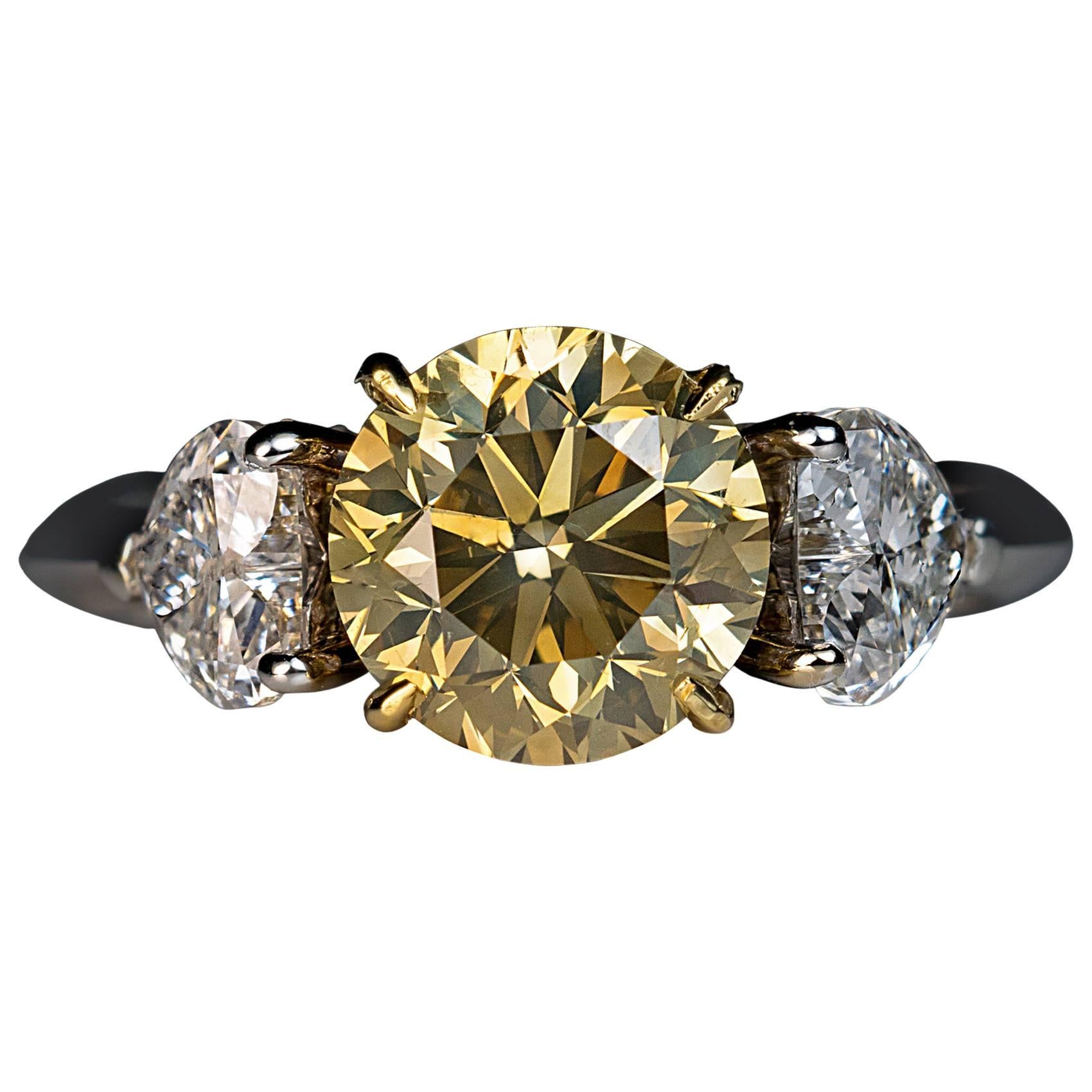 2.50 Carat Fancy Color Diamond Gold Three Stone Engagement Ring