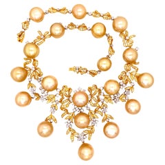 Golden South Sea Pearl and Diamond Gold Necklace Estate Fine Jewelry