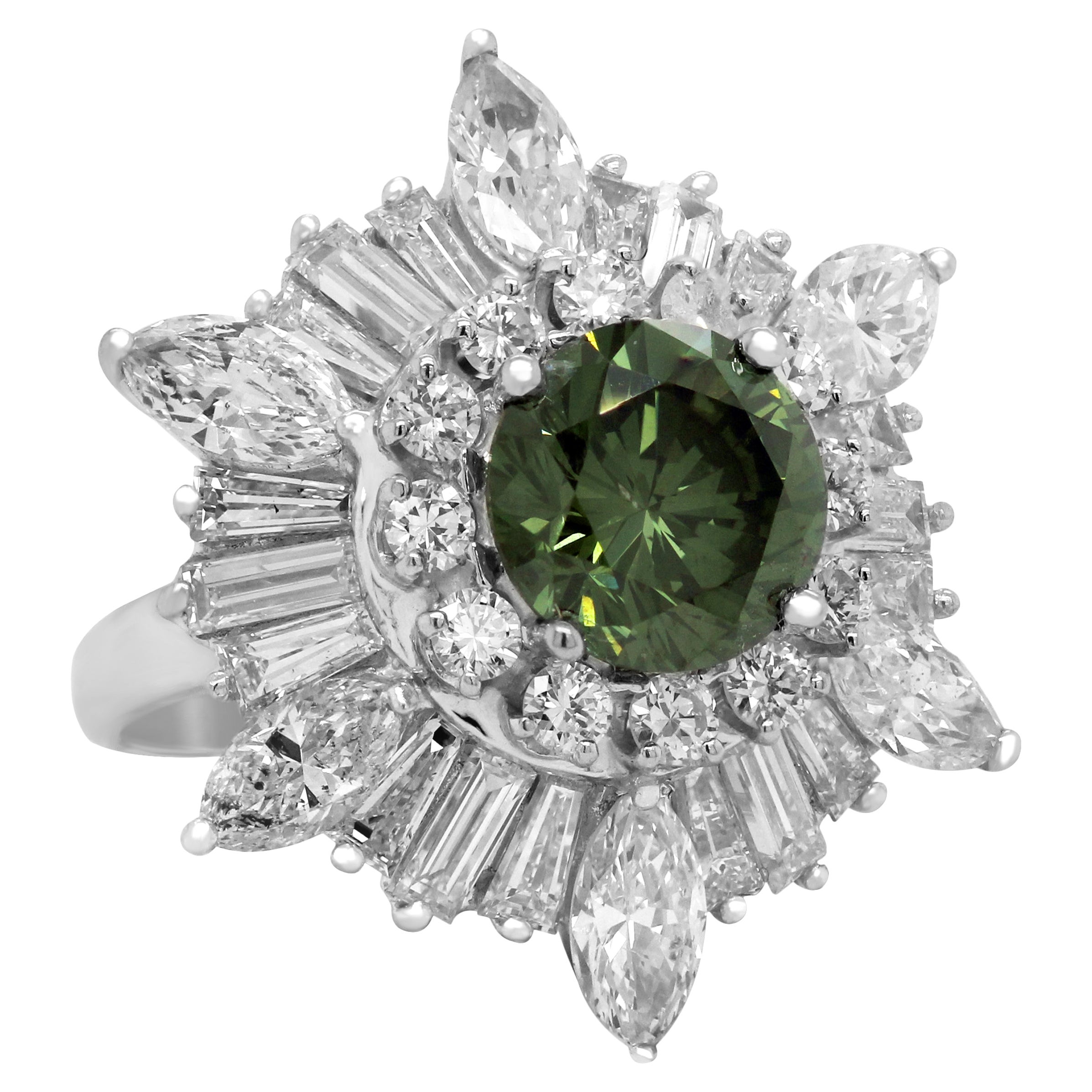 GIA Cert. 2.47ct. Round Fancy Deep Grayish Green Diamond Baguette Platinum Ring