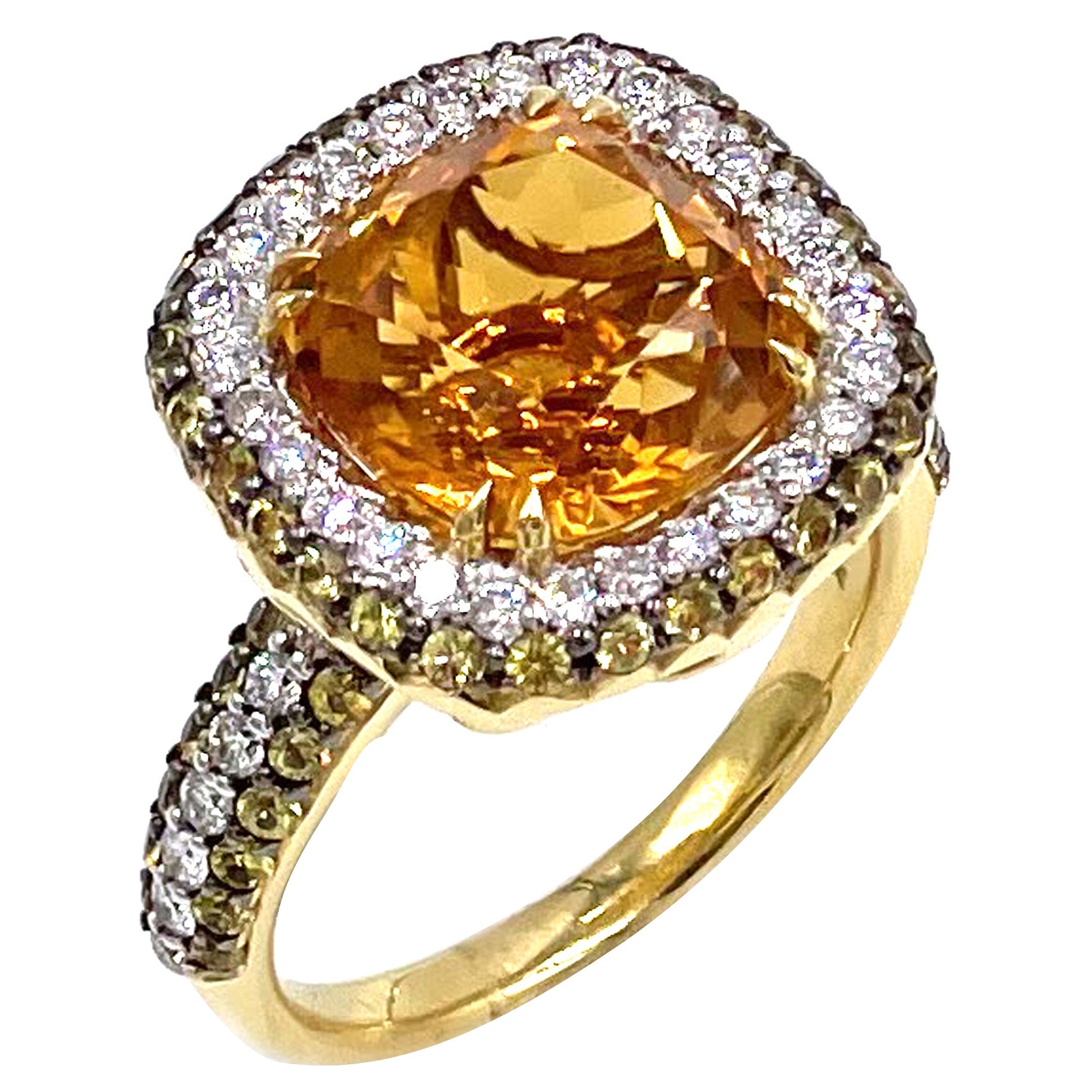 Vanna K 18K yellow gold double cushion halo fashion ring.  The center features one citrine weighing 4.95 carats.  The center stone is surrounded by 0.56 carats round diamond and 0.80 carats yellow sapphires. The ring highlights the yellow sapphires