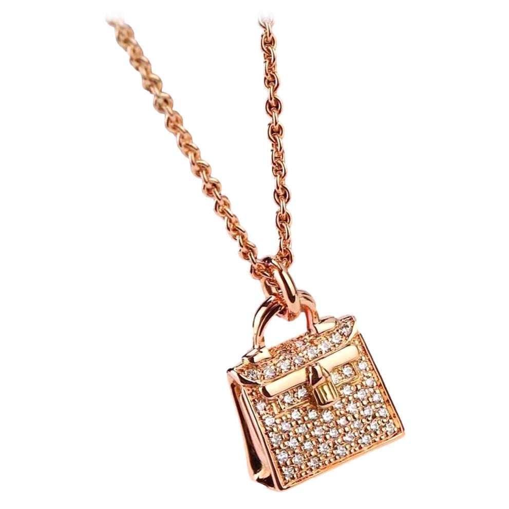 Hermès 18K Rose Gold Diamond Kelly Amulette Pendant Necklace