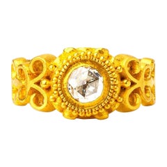 Handmade 24K Gold Byzantine Style Ring with Rose Cut Diamond