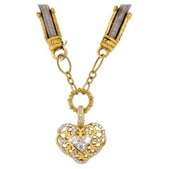 Diamond Heart Gold and Stainless Steel Signed Stambolian Drop Pendant Necklace