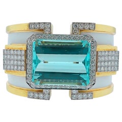 David Webb 18K Yellow Gold Large Aquamarine And Diamond Bangle Cuff Bracelet