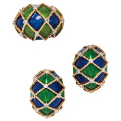 Mauboussin Paris 18k Yellow Gold, Enamel & Diamond Earrings & Ring Suite 1960s