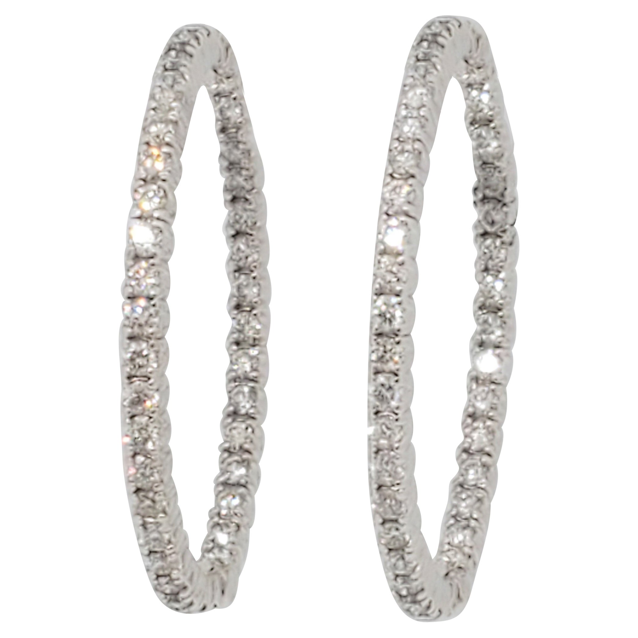Estate White Diamond Round Hoops in 14k Gold For Sale at 1stDibs